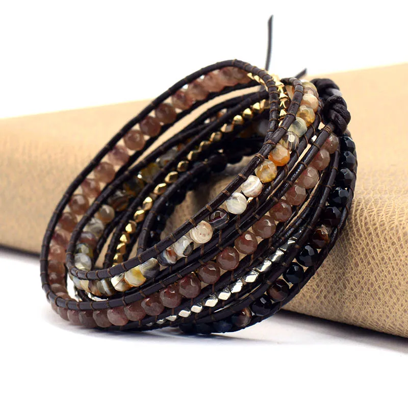 New Cool 5 Strands Mixed Stones Onyx Metal Beads Leather Wrap Bracelets Vintage Black Lover’s Bracelet
