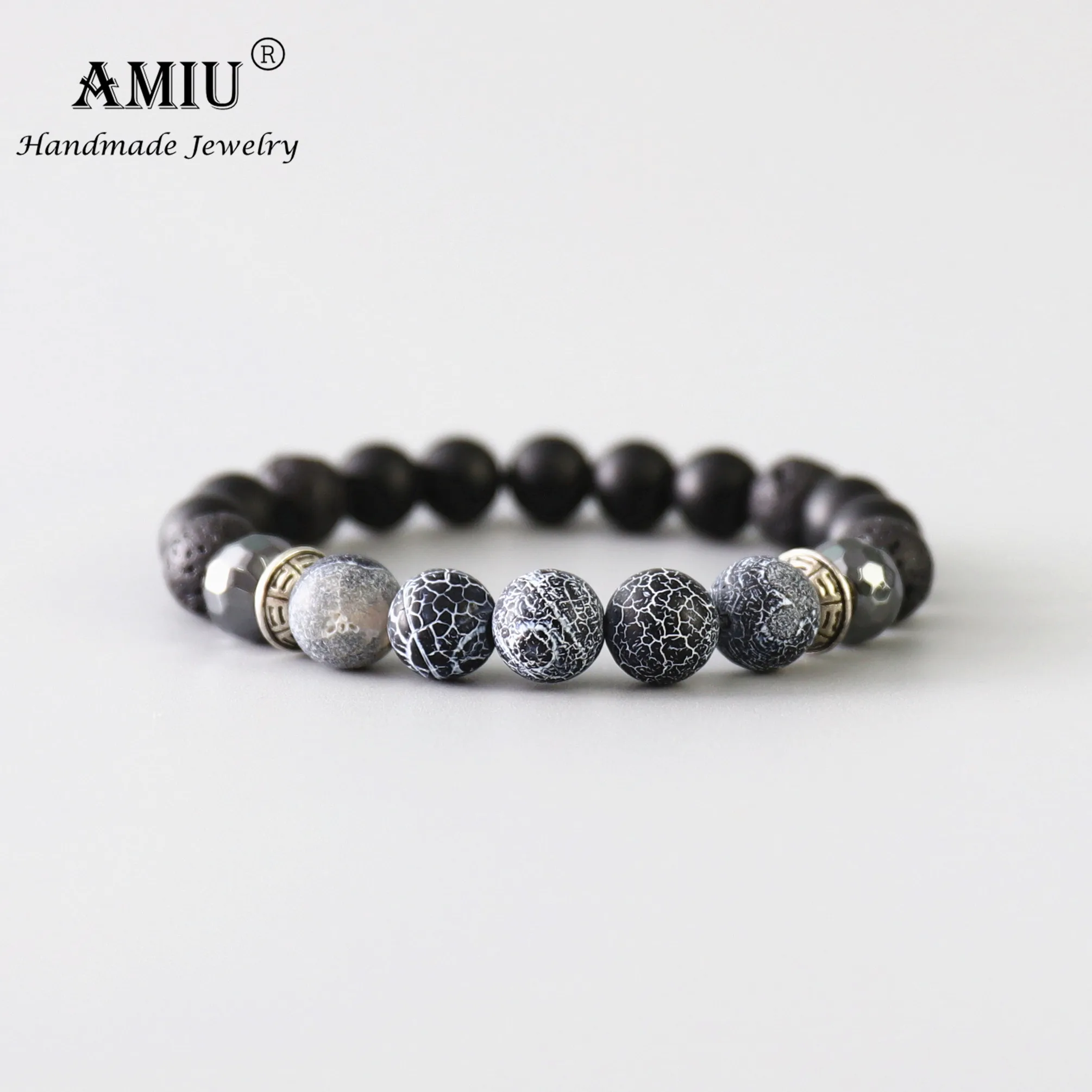 

AMIU Handcrafted Men's Natural Stone Bead Bracelet Tibetan Vintage Bead Black Obsidian Beads Rosary Beads Blue Bracelet