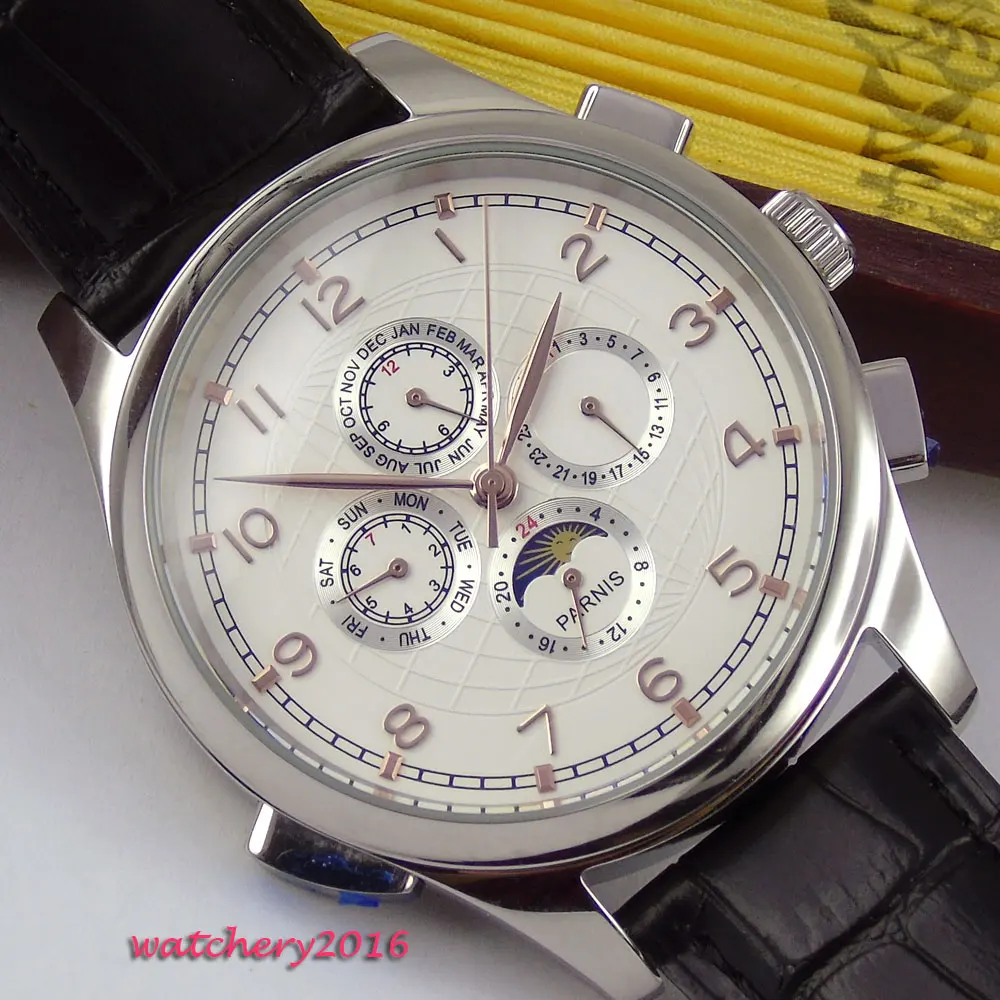 

44mm parnis white dial steel case date day Moon Phase Mechanical Automatic mens watch