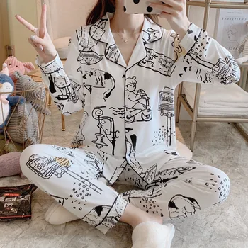 

XIZOU Autumn Women Pajamas Cotton Long Sleeves Sleepwear 2 Piece Pajamas Sets For Women Homewear Large Size Pyjama XXL