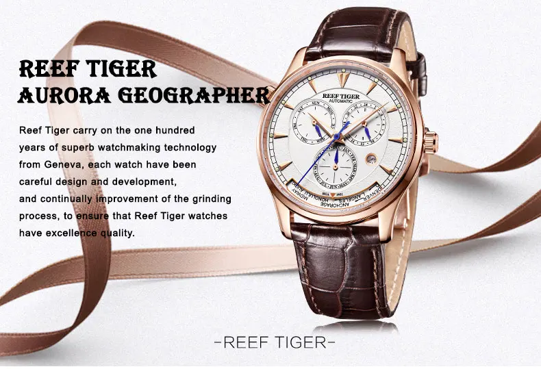 Reef Tiger/RT World Time часы с датой день месяц розовое золото кожаный ремешок часы двойное время Мужские автоматические часы RGA1951