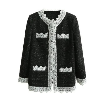 

2020 Fall Winter Long Coat White Lace Edged Black Women Coats Round Neck Covered Buttons Wide-waisted Tweed Jacket Long Outwear
