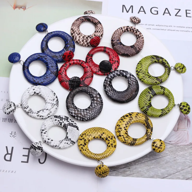 9 Colors Vintage Round Drop Earrings for Women Large Geometric Statement Earrings Snake Skin Pendant Earrings Fashion Jewelry