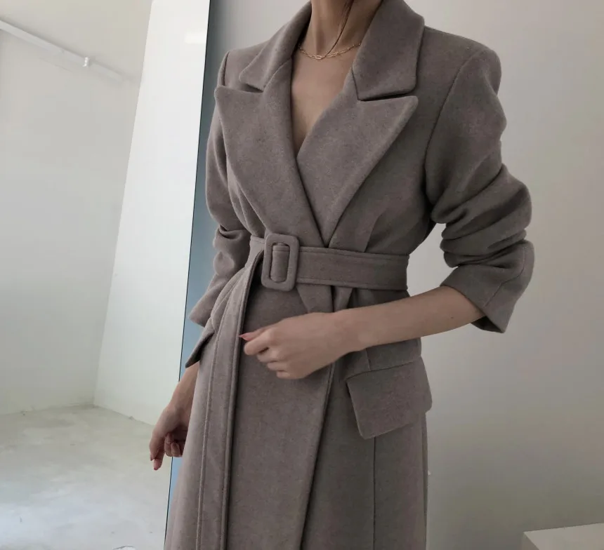 Cena Moda stałe kobiety długi wełniany płaszcz pani urząd Slim damska wełniana kurtka pas płaszcz i kurtka