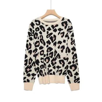 

HLBCBG Autumn winter women sweaters leopard knitted pullovers long sleeve Contrast Color crewneck jumpers sweter mujer