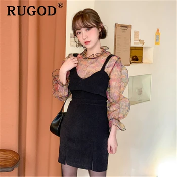

RUGOD Korean chic 2 pieces women dress Elegant ruffles flare sleeve blouse+spaghetti mini dress Fashion spring office lady wear