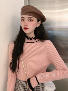

Women Spring Winter Fashion Korea Style Contrast Color Patchwork Turtle Neck Knitted Office Lady Basic Design Pullover Sweater