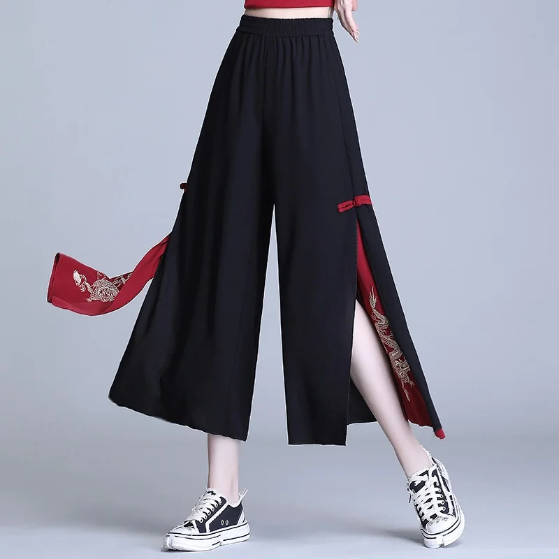 Women Pants Chinese Style Women's Pants New Summer Hippie Ethnic Loose Black Slit Wide Leg Pant Femme Pantalones Kimonos Trousers F3193