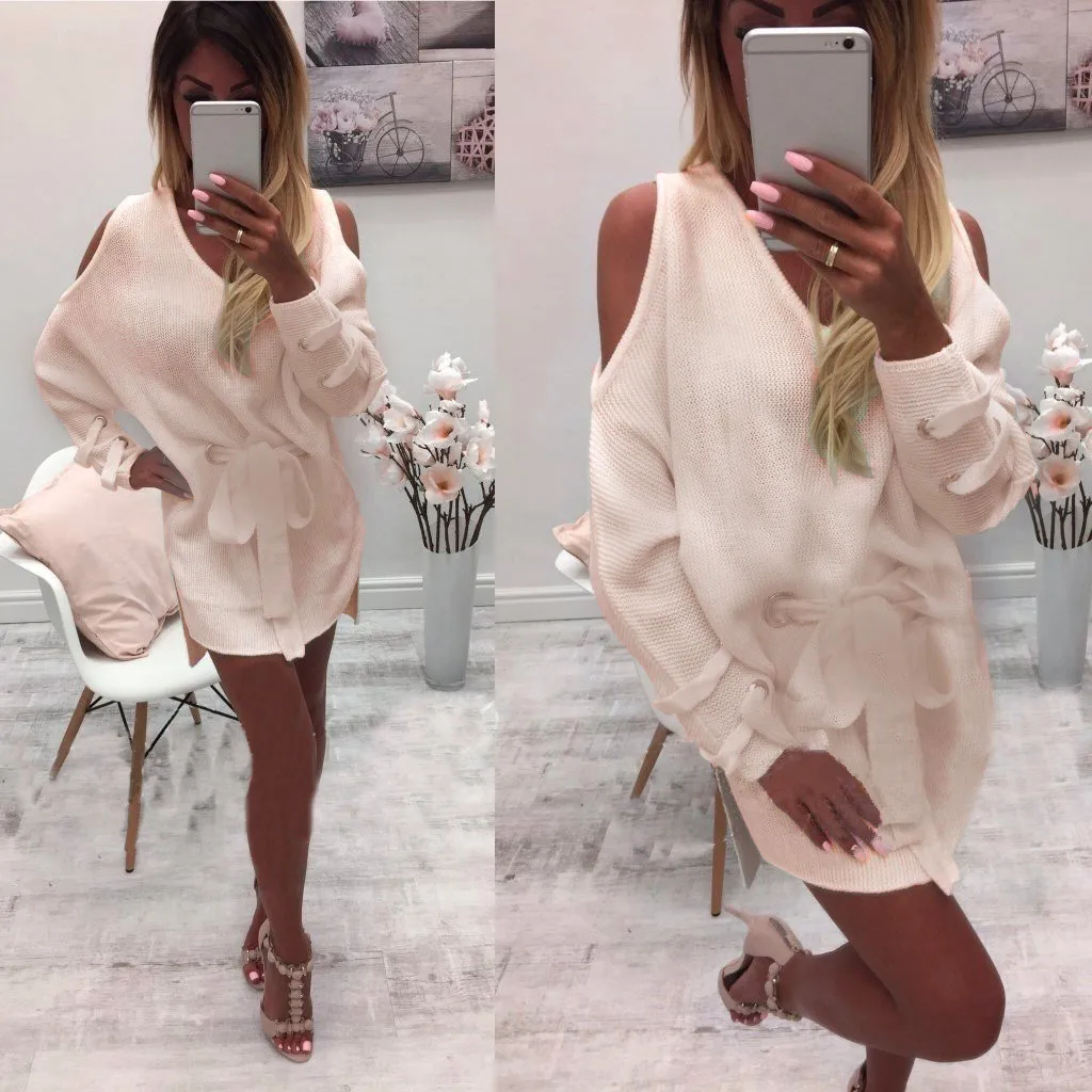 

Autumn Winter Women's Ladies Pullover Loose Strapless Long Sleeve Sweater Knitwear Dress Short Loose Sweater Jumper Knitted