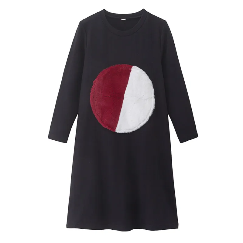 

4 to 14 years kids & teenager girls geometric fur circle print flare cotton casual dress children girl fall winter black dresses