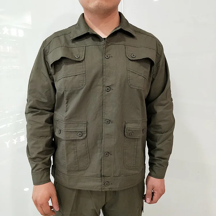 Summer Pure Cotton Outerwear Army Green Labor Overalls Long Sleeve Breathable Button Multi-pockets Training Clothes Set Men's
