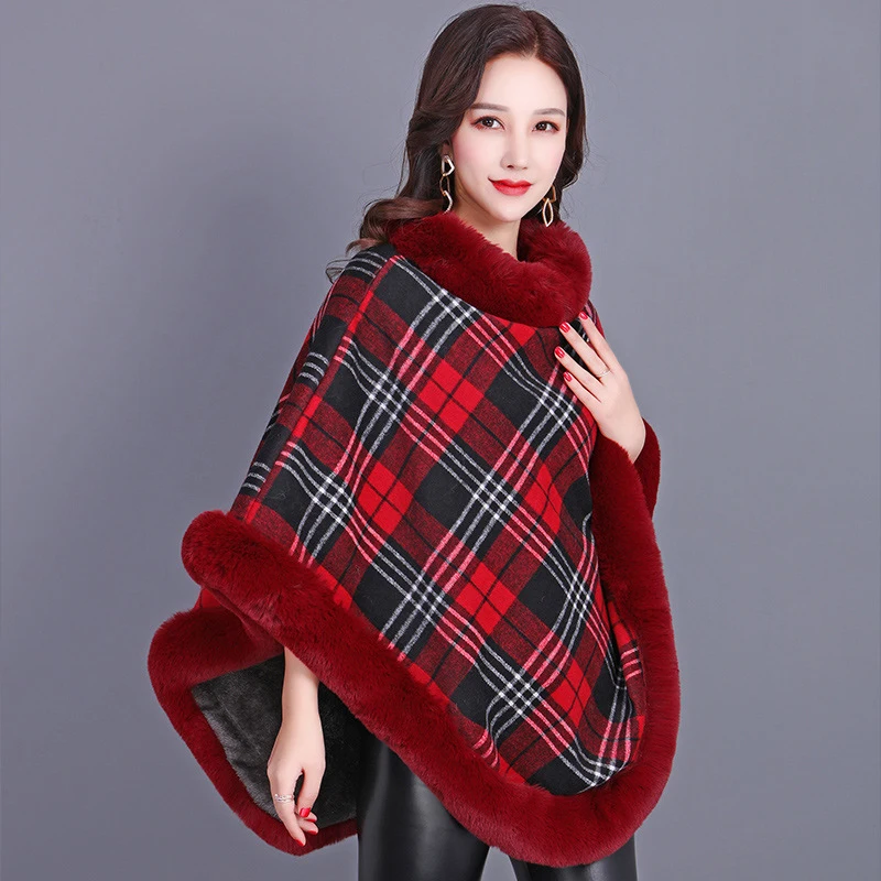 Rex Rabbit Fur Shawl Scarf Women Capes Plaid Poncho 2021 Winter Faux Fur Coat Thick Warm Pullover Velvet Sleeveless Jacket janevini 2021 red winter bridal faux fur jacket bride coat gray fake fox fur wedding capes wraps boleros shawls veste fourrure