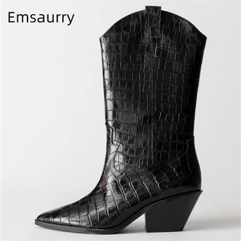 

Multicolor Stone Grain Leather Mid-calf Boots Sexy Point Toe Square Heel Patchwork Slip-on Autumn Winter Boots Women