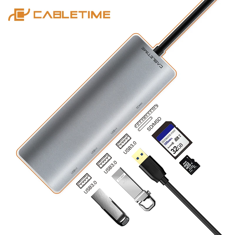 

CABLETIME USB Type C HUB to USB 3.0 SD Micro SD Card Reader Adapter 5 in 1 USB-C Hub 3 USB Ports For Laptop PC MacBook Pro C049