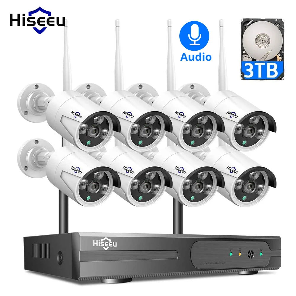 Hiseeu 1080P 1536P H.265+ Wireless CCTV System 8CH 3MP HD NVR Kit Outdoor Audio IP Wifi Camera Security System Surveillance Set