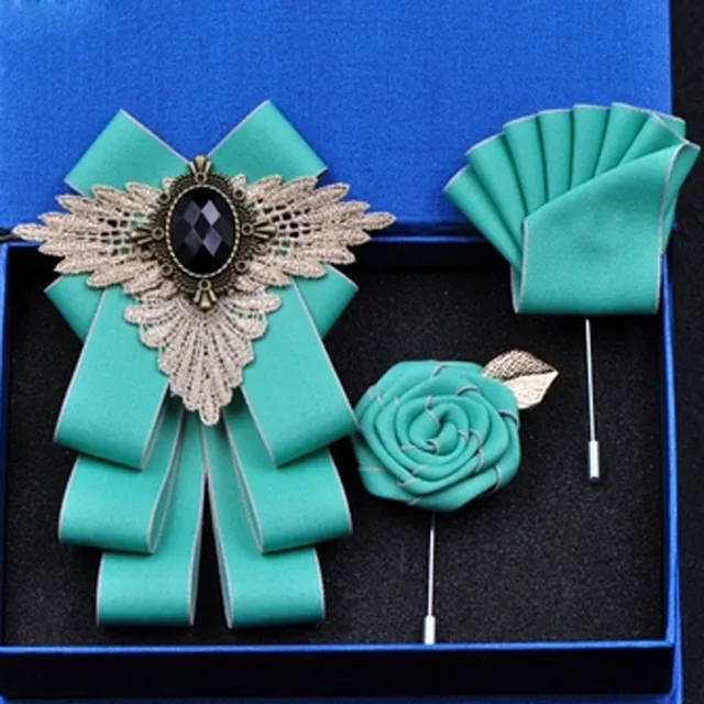 British New Fashion Men's Wedding Performance Groom Wedding-Party Flower Collar Bow Tie Pocket Towel Square Set Men Accessories Green set 1