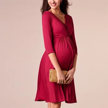 Breastfeeding Dresses Maternity Clothes for Pregnant Women Clothing Solid V-Neck Pregnancy Dresses Mother Wear Evening Dress 2