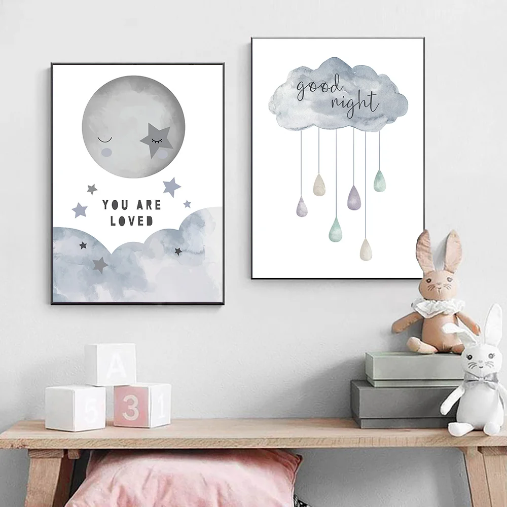 Мультяшная живопись печать хорошая ночь облако холст искусство луна звезда