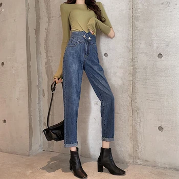

Korean Chic High Waist Straight Jeans Women Vintage Button Pockets Zipper Denim Pants Female Blue Jean Trousers