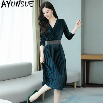 

AYUNSUE 2020 Spring Dress Women Velvet Pleated Dress V Neck Korean Elegant Long Slleve Dress Midi Party Vestidos Mujer KJ4166