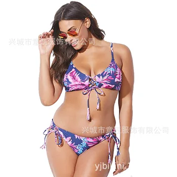 

2019 Fat Po Plus Fat Increase Code Split Printing Tether Sexy Bikini Swimsuit Large Bust Maternity