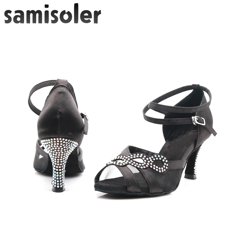 Женская обувь для латиноамериканских танцев; zapatos de BAILE latino mujer; блестящая черная атласная Женская обувь для сальсы; вечерние туфли для бальных танцев