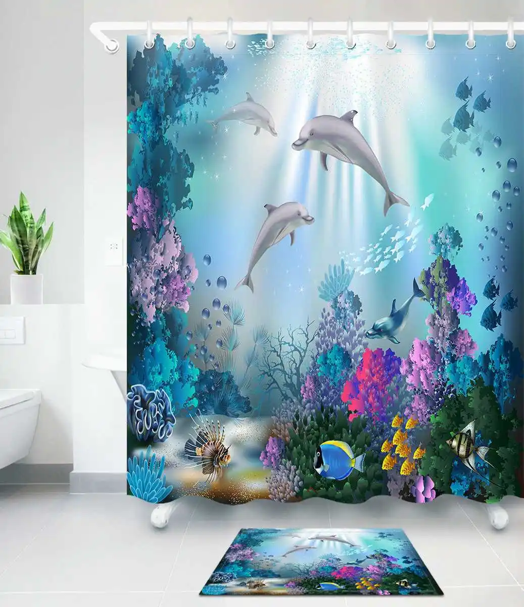 Детская занавеска для душа набор с крючками Мультфильм Подводный мир дельфины Водонепроницаемый Ванная комната занавес 3D украшение дома животные