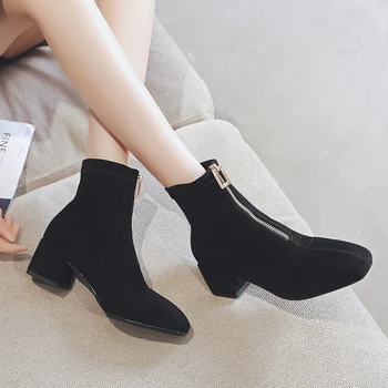 

2020 Spring Flock Zipper Women Ankle Boots Sock Boots 5CM Square Heels Black Female Booties Botas Mujer Size 34-39 11815AJS3226