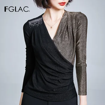 

blusas mujer de moda 2019 Autumn long sleeve Mesh t-shirt Fashion casual v-neck Patchwork women tops and shirt blusas