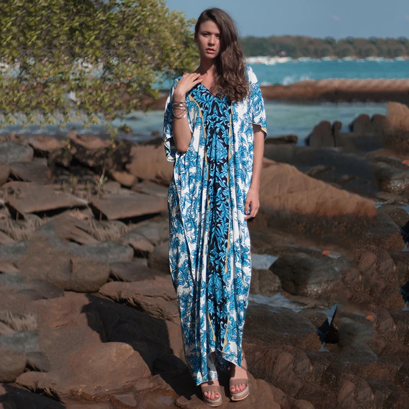 Летнее макси-платье Caftan для женщин пляжная одежда с короткими рукавами пляжный