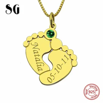 

Hot 925 Sterling Silver Engraved Birthstone Baby Feet Necklaces with Name & Birthday Customizable Jewelry For Mother Gift