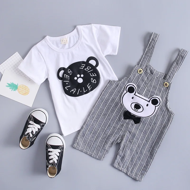 

2019 New Style CHILDREN'S Short-sleeved Clothes Set Men And Women Children Cute Bear Head Short-sleeved Top-And Casual Suspender