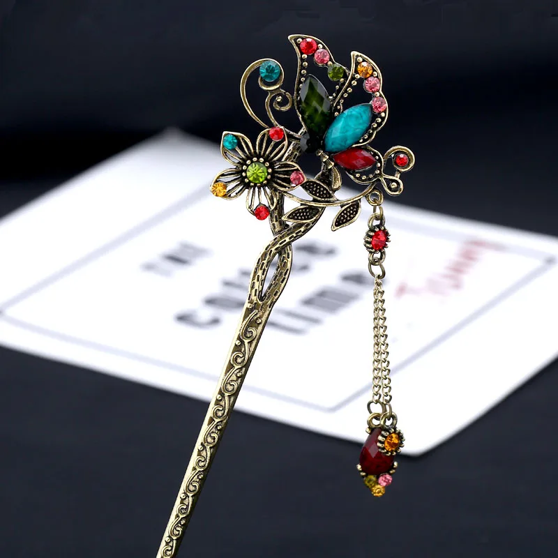 Vintage Rhinestone Butterfly Hair Stick Jewelry Wedding Hair Accessories Charm Metal Hairpins jewelry accessories hair accessory hair stick