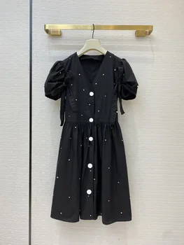 

MIU Sweet Full Diamond Mini Dress Women Luxury Brand Design Lace-up Puff Sleeve V-neck Elastic Waist Cardigan Dresses Summer New