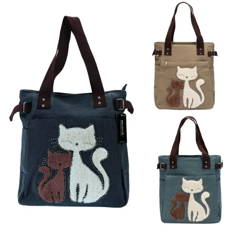 Холщовая Сумка с милым котом для женщин и девушек, Большая вместительная повседневная женская сумка, одноцветная сумка на молнии, женская сумка через плечо, Bolsos Mujer