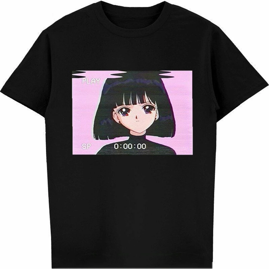 Hot Sale Fashion Sad Girl Retro Japanese Anime Vaporwave T-Shirt Men Funny Tops Tee Shirt |