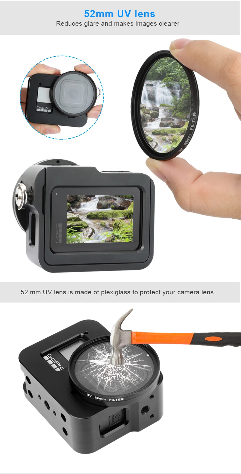 Алюминиевый сплав защитный чехол клетка крепление для GoPro Hero 8 черный с 52 мм УФ-объектив