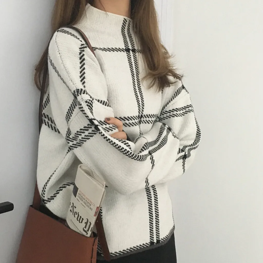 2019 Ins Winter New Women's Pullovers Sweater Fashion Plaid Turtleneck Loose Knit Full Sleeve Korean Casual Tops | Женская одежда