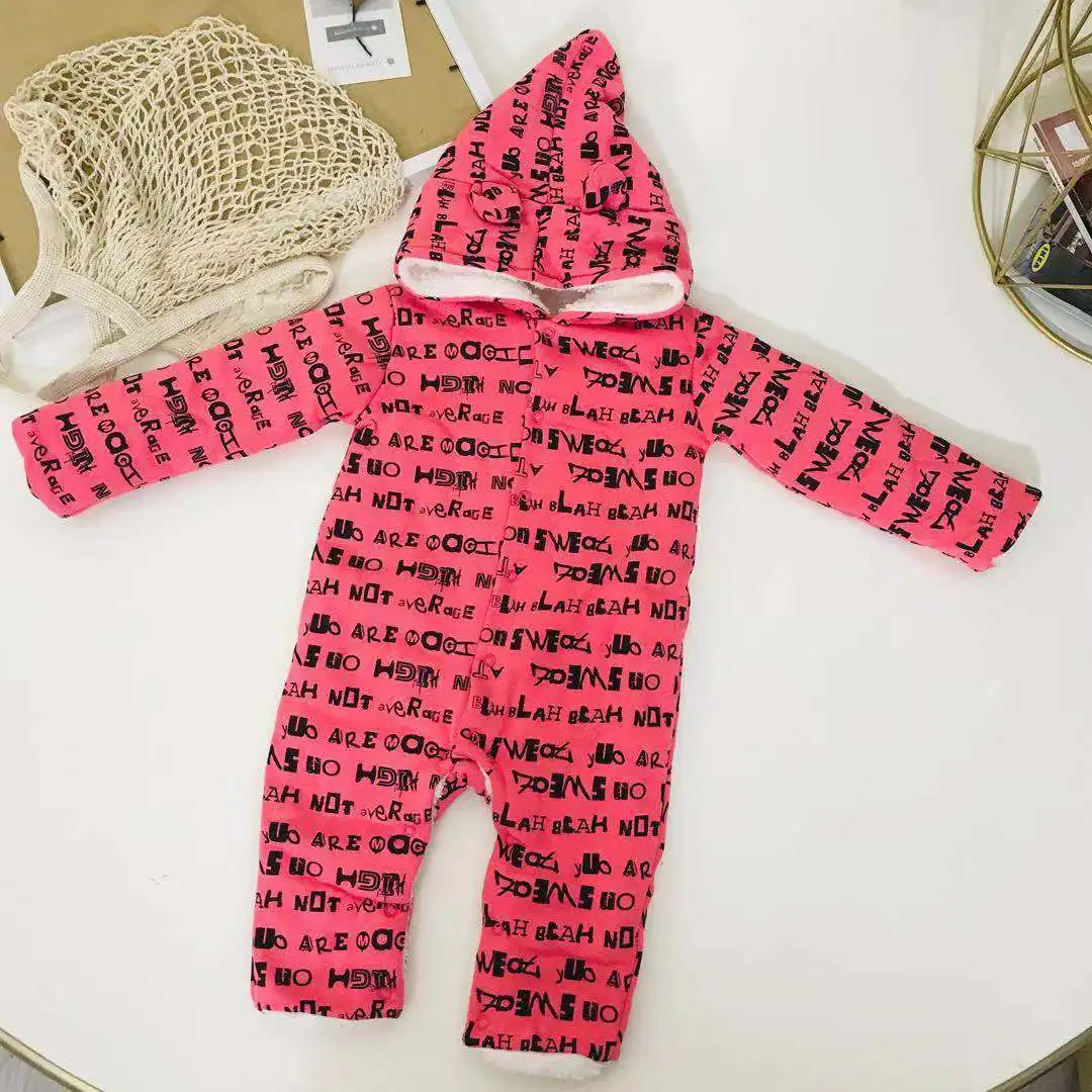 baby girl clothes winter new born romper long sleeve hooded jumupsuit letter costume Fleece toddler newborn boy onesie red 6-24M