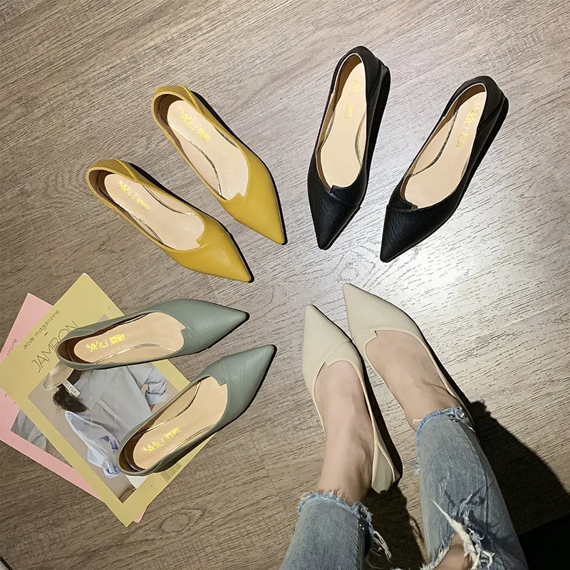 

Ladies Pointed High Heels Thick Heel Shallow Mouth Professional Work Shoes Black Mid-heel Leather Shoes Working Women's Shoes