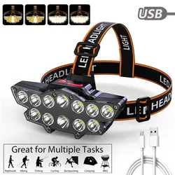 Lampe frontale étanche à 12 LED haute puissance, 30W, ABS, Rechargeable par USB, 4Modes d'éclairage, pour Camping, pêche, chasse 
