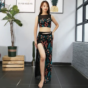 

Women Belly Dance Costume Practice Clothes Top and Skirt Leggings Side Slit Set 3 Piece Stage Performance 4 Colors