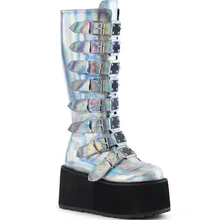 

2021 PU Leather Punp Mid-Calf Boots Women Gothic Street Metal Square Buckle High Heels Shoes Fashion Wedges Platform High Boots