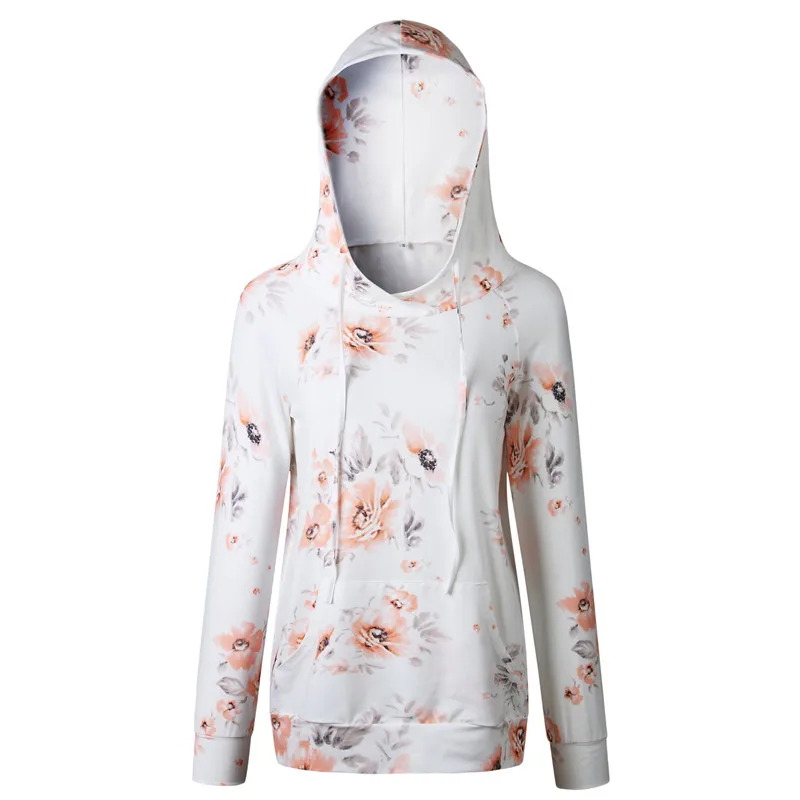 New Autumn Hooded Sweatshirt Women Slim Pocket Floral Printed Hoodies Fashion Casual Long Sleeve Cotton Warm Winter Hoody - Цвет: 0965 White