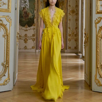 

Gedivoen Fashion Designer Summer Dress Women Solid Yellow V Neck Patchwork Ruffles Elegant Midi Dress Modern Female Dresses