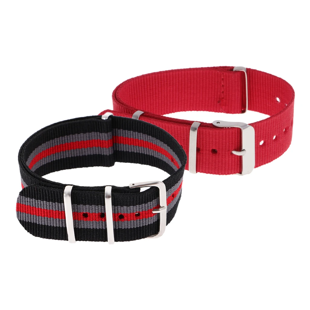 Prettyia 2pcs Mens Red Stripe Woven Nylon Watchband Watch Strap Replacement