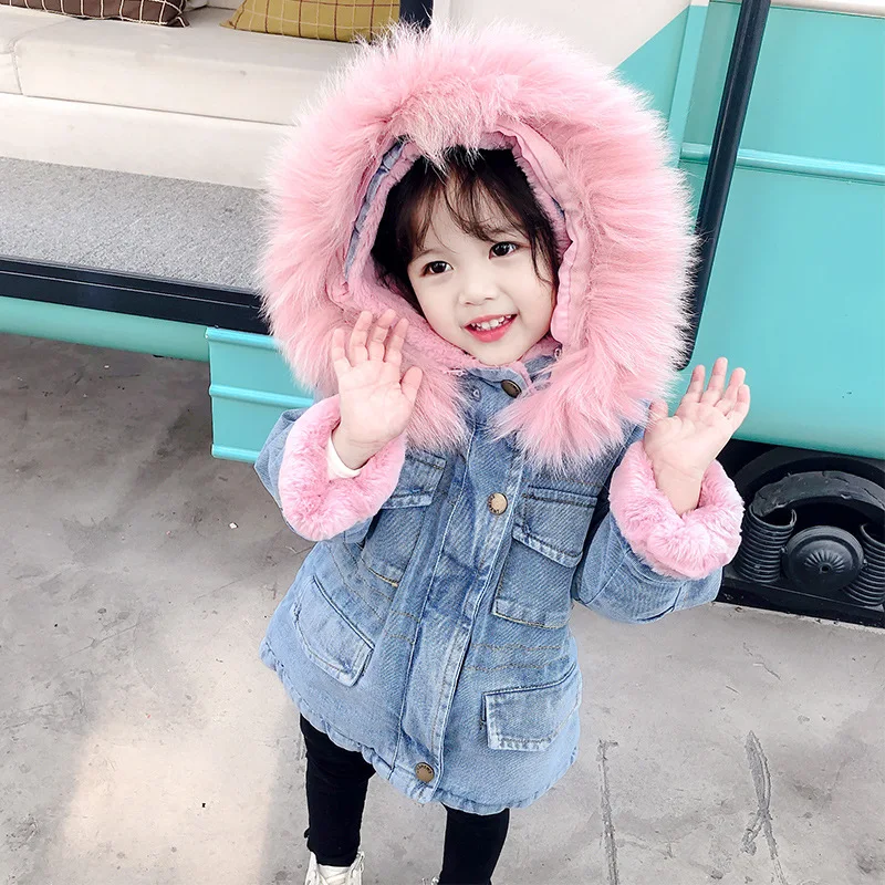 Winter Baby Girls Denim Jacket Plus Velvet Real Fur Warm Toddler 2 Colors Girls Outerwear Coat 2-7 Years Kids Thicken Parka Coat