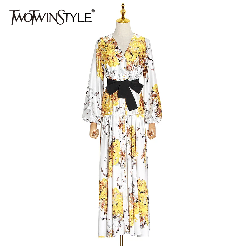 TWOTWINSTYLE Casual Print Women Dress V Neck Lantern Long Sleeve High Waist With Sashes Hit Colro Ruched Dresses Female Clothing TWOTWINSTYLE Casual Print Women Dress V Neck Lantern Long Sleeve High Waist With Sashes Hit Colro Ruched Dresses Female Clothing