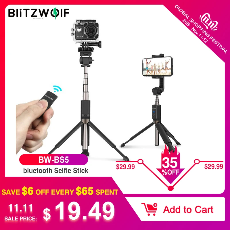 Online BlitzWolf bluetooth Handheld Stativ Selfie Stick Erweiterbar Einbein für Gopro 5 6 7 1 4 \