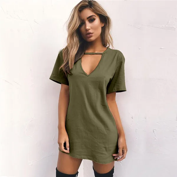 Army Green LEH женское платье-майка чокер v-образный вырез летние платья короткий рукав повседневные сексуальные Холтер Свободные Boho пляжные платья плюс размер - Цвет: Army Green